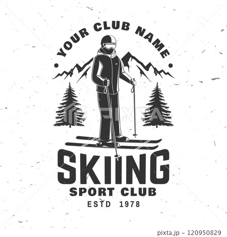 Skiing sport club. Vector ski club retro badge. Concept for shirt, print, seal or stamp with mountain, skier man. Family vacation, activity or travel. For logo design, patches 120950829