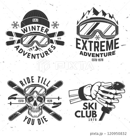 Set of ski winter sport retro badge. Vector. Concept for shirt, print, seal or stamp with ski glasses, skull, skeleton hand holding ski pole. Family vacation, activity or travel. For logo design Set of ski winter sport retro badge. Vector. Concept for shirt, print, seal or stamp with ski glasses, skull, skeleton hand holding ski pole. Family vacation, activity or travel. For logo design 120950832