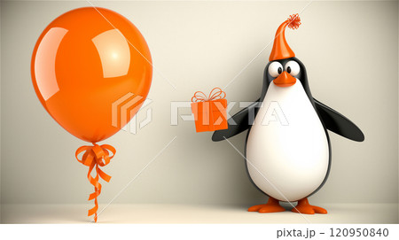 A penguin in a party hat holds a gift and an orange balloon hangs nearby. 120950840