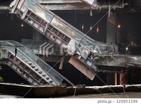Dramatic view of Damaged escalators inside Abandoned new world shopping mall building. Dramatic view of Damaged escalators inside Abandoned new world shopping mall building. 120951199