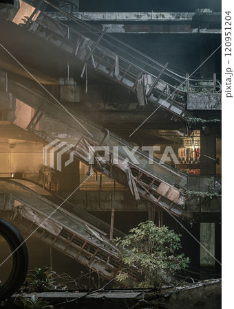 Dramatic view of Damaged escalators inside Abandoned new world shopping mall building. 120951204