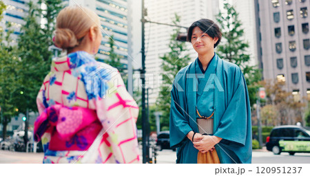 Japanese people, outdoor and fashion with traditional clothes, culture and kimono for heritage or style. Man, woman and city for pride, travel and outfit in street for dress, trip and clothing Japanese people, outdoor and fashion with traditional clothes, culture and kimono for heritage or style. Man, woman and city for pride, travel and outfit in street for dress, trip and clothing 120951237