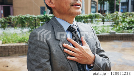 Hand, business man and heart attack, stress and breathing problem or health risk in city in Japan. Sick, mature manager and chest pain, heartburn or cardiac arrest for pressure in emergency outdoor 120951238