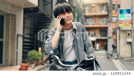 Phone call, bicycle and happy with Japanese man in city for location, direction and travel. Social media, cycling and mobile app with person and bike in japan for communication, trip and adventure Phone call, bicycle and happy with Japanese man in city for location, direction and travel. Social media, cycling and mobile app with person and bike in japan for communication, trip and adventure 120951244