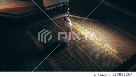 Japanese woman, outdoor and ballerina as dancer for practice, training and choreography at night. Female person, technique and rehearsal with ballet dancing for company, theater and performance art 120951264