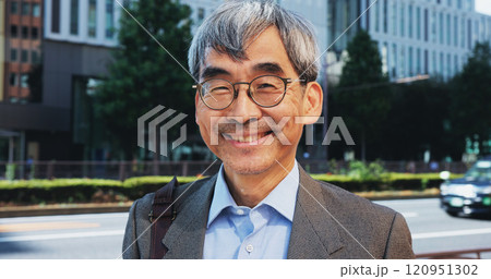 City, mature and portrait of employee man outdoor in Japan for morning commute or travel to work. About us, business and glasses with smile of happy Japanese person in urban town for corporate career City, mature and portrait of employee man outdoor in Japan for morning commute or travel to work. About us, business and glasses with smile of happy Japanese person in urban town for corporate career 120951302