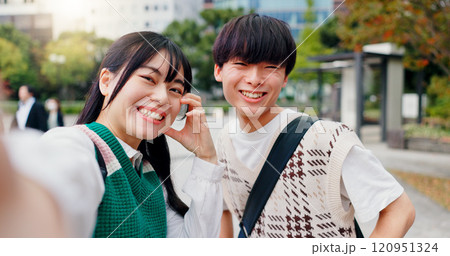 Selfie, city and japanese couple with hand gesture, portrait and happy from sightseeing and profile picture. Social media, online and people with travel, partner and vacation on holiday with joy 120951324