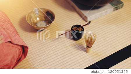 Japan, culture and tea ceremony tools on tatami mat with ceramic bowl, brush and cup on bamboo. Whisk, container and traditional matcha drink equipment for purity, respect and tranquility in harmony Japan, culture and tea ceremony tools on tatami mat with ceramic bowl, brush and cup on bamboo. Whisk, container and traditional matcha drink equipment for purity, respect and tranquility in harmony 120951346