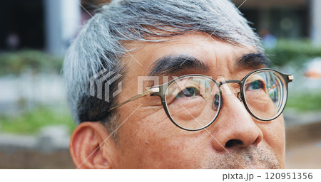 Japanese, corporate and man for thinking in city with glasses, travel decision and closeup reflection. Mature lawyer, thoughts and ideas for morning commute, location and justice opportunity in Japan Japanese, corporate and man for thinking in city with glasses, travel decision and closeup reflection. Mature lawyer, thoughts and ideas for morning commute, location and justice opportunity in Japan 120951356