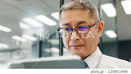 Tablet, reading and Japanese business man research, email and review insurance policy. Mature person, digital technology and manager with financial coverage, risk management or protection in office Tablet, reading and Japanese business man research, email and review insurance policy. Mature person, digital technology and manager with financial coverage, risk management or protection in office 120951466