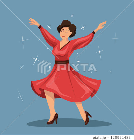 Vector illustration of happy dancing woman in red dress. Professional dancer. 120951482
