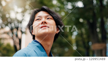 Japanese man, thinking and happy for commute, travel or wondering with thoughtful mind to location. Asian person, vision and planning in city for morning journey, explore or weekend tourist with idea Japanese man, thinking and happy for commute, travel or wondering with thoughtful mind to location. Asian person, vision and planning in city for morning journey, explore or weekend tourist with idea 120951489