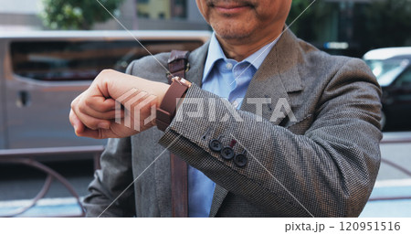 Outdoor, businessman and check time on wristwatch in city with commuting to meeting or office in Japan. Male person, employee and schedule for transport, bus or taxi to work or appointment in closeup Outdoor, businessman and check time on wristwatch in city with commuting to meeting or office in Japan. Male person, employee and schedule for transport, bus or taxi to work or appointment in closeup 120951516
