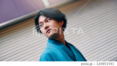 Serious, traditional clothes and fashion for asian man, indigenous and thinking with kimono and building. Outdoor, trendsetter and stylish with robe, low angle and proud of heritage and Japan Serious, traditional clothes and fashion for asian man, indigenous and thinking with kimono and building. Outdoor, trendsetter and stylish with robe, low angle and proud of heritage and Japan 120951541