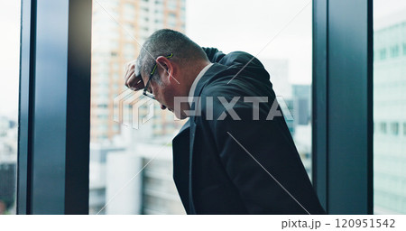 Loss, window or businessman with stress, mistake or debt for bankruptcy, depression or worry. Glass, frustrated director or overwhelmed Japanese boss in office for deadline, fatigue or audit crisis 120951542