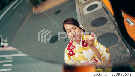 City, mirror and Japanese woman with lipstick, kiss and fun outdoor with reflection. Fashion, cosmetics and street with traditional clothes, makeup and pout for beauty in Tokyo with trip on road 120951572