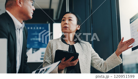 Asian, business people and presentation with tablet for company policy, schedule or planning at office. Japan, businessman and woman with documents or technology for corporate proposal at workplace 120951599