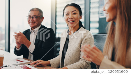 Asian, happy and business people with applause in meeting for congratulations, promotion or teamwork at office. Japan, group or employees with smile or clapping for company success or achievement Asian, happy and business people with applause in meeting for congratulations, promotion or teamwork at office. Japan, group or employees with smile or clapping for company success or achievement 120951600