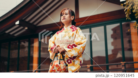 Fashion, culture and woman at temple with kimono, thinking and waiting at outdoor building with respect. Style, design and confident girl with traditional Japanese clothes, bag and hostess at pagoda 120951645