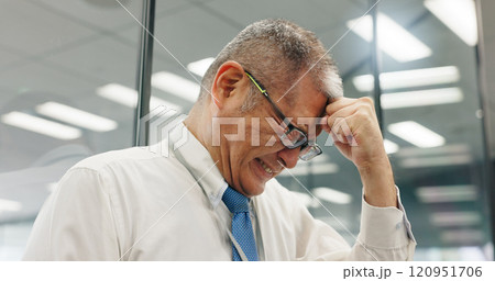 Business, stress and man in office, headache or overworked with burnout, anxiety or accountant. Japan, mature person and financial consultant with crisis, migraine pain or frustrated with mistake 120951706