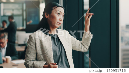 Woman, thinking and window in office for business, planning and ambition for growth in Japanese company. Mature person, daydream and vision in workplace for development, ideas and opportunity choice 120951716