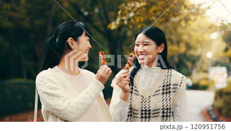 City, asian women and happy with candy, travel and snack for friends with dango, students and road. Outdoor, commuting and sweets for celebration of reunion, smile and sharing of food in Japan City, asian women and happy with candy, travel and snack for friends with dango, students and road. Outdoor, commuting and sweets for celebration of reunion, smile and sharing of food in Japan 120951756