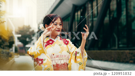 Selfie, peace sign and kimono with Japanese woman in city for profile picture, memory and traditional clothes. Travel, social media and content creator with person for heritage, culture and update Selfie, peace sign and kimono with Japanese woman in city for profile picture, memory and traditional clothes. Travel, social media and content creator with person for heritage, culture and update 120951832