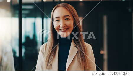Smile, confident and portrait of businesswoman in office for finance career with growth. Happy, pride and mature Japanese female financial executive with positive attitude for company expenses. 120951883