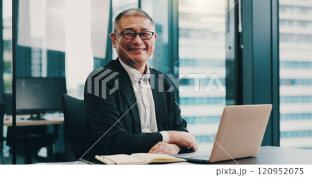 Laptop, business and portrait of Japanese man in office for internal auditor, bookkeeper and account manager. Professional, corporate and report with mature person in finance firm for company revenue 120952075