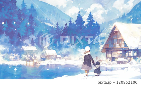 冬の雪景色|親子の散歩と伝統的な雪の山間集落の風景 冬の雪景色|親子の散歩と伝統的な雪の山間集落の風景 120952100