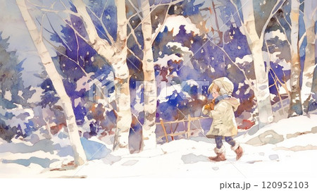 冬の森｜雪景色の中を歩く子供の暖かなひととき 120952103