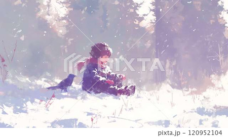 冬の静寂|雪の中で遊ぶ子供とカラスの幻想的な風景 冬の静寂|雪の中で遊ぶ子供とカラスの幻想的な風景 120952104