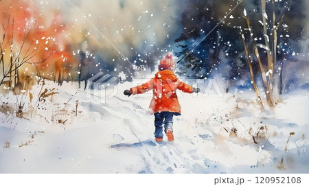 冬の雪景色｜赤いコートの子供が駆ける美しい冬の森 120952108