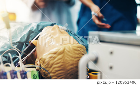 Hospital, learning and mannequin with healthcare training and nursing dummy for anatomy students. College, cpr and Japanese university with wellness, health and study for doctor and surgeon education 120952406