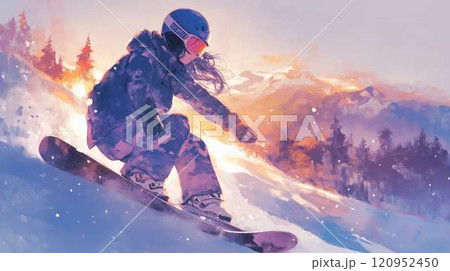 夕焼けに染まる雪山を滑る女性スノーボーダー|冬のスポーツと幻想的な風景 夕焼けに染まる雪山を滑る女性スノーボーダー|冬のスポーツと幻想的な風景 120952450