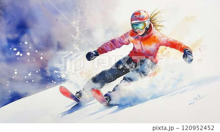 雪の中を爽快に滑る女性スノーボーダー｜冬のスポーツとカラフルな背景 120952452