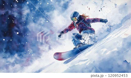 躍動感あふれる女性スノーボーダー|冬のスポーツと幻想的な雪景色 躍動感あふれる女性スノーボーダー|冬のスポーツと幻想的な雪景色 120952453