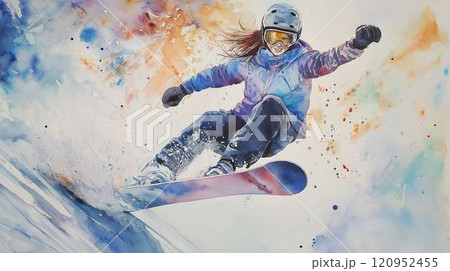 雪山を爽快に滑る女性スノーボーダー｜冬のアクティビティと幻想的な背景 120952455