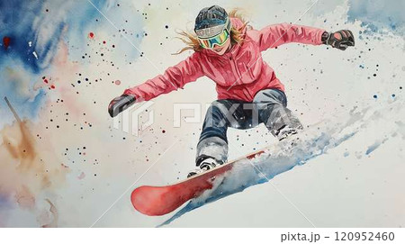 スノーボードでジャンプを楽しむ女性|冬のスポーツと雪景色の躍動感 スノーボードでジャンプを楽しむ女性|冬のスポーツと雪景色の躍動感 120952460