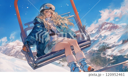 雪山スキーリフトと美しい女性の冬の風景 雪山スキーリフトと美しい女性の冬の風景 120952461