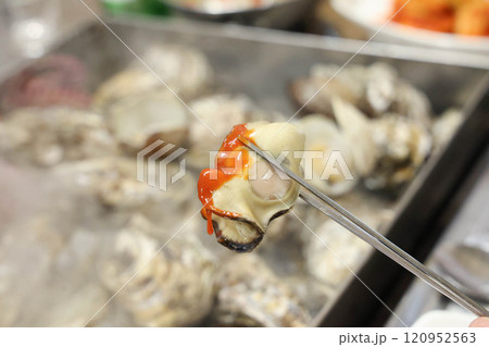 Korean seafood. Steamed Oysters with red chili pepper paste with vinegar Korean seafood. Steamed Oysters with red chili pepper paste with vinegar 120952563