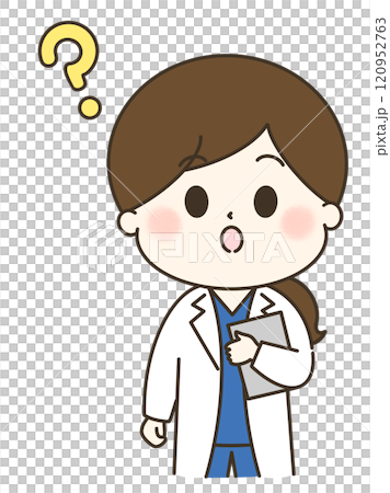 はてなと疑問を持つ白衣の女性のゆるかわイラスト 120952763