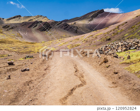 Impressive trail leading to Vinicunca rainbow mountain, Cusco region, Peru Impressive trail leading to Vinicunca rainbow mountain, Cusco region, Peru 120952824