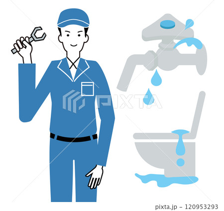 水道の蛇口から水漏れがしているイメージと水道屋さんのイラスト 120953293