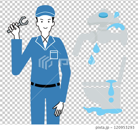 水道の蛇口から水漏れがしているイメージと水道屋さんのイラスト 120953293