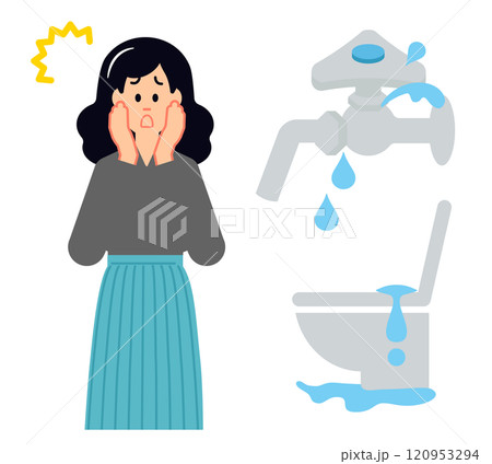 水道の蛇口やトイレから水漏れがしていて困る女性のイメージのイラスト 120953294