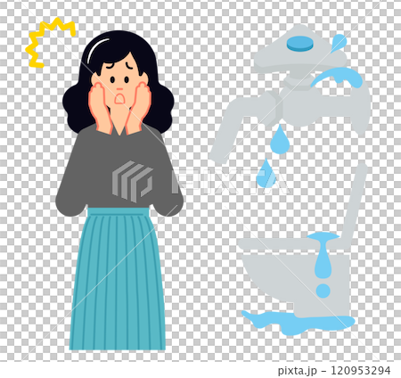 水道の蛇口やトイレから水漏れがしていて困る女性のイメージのイラスト 120953294