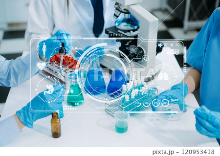 Scientist team with tablet and laptop, laboratory and ecofriendly science. Agriculture, research and scientists with online reading, test samples 120953418