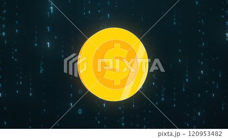 2D Coin Rotation in center And Digital Data Lots of Matrix Binary Code Random Number Falling Continuously Background 120953482