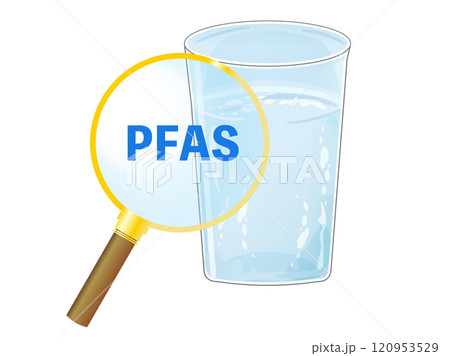 コップに入った水に含まれるPFASを調べるイメージイラスト コップに入った水に含まれるPFASを調べるイメージイラスト 120953529